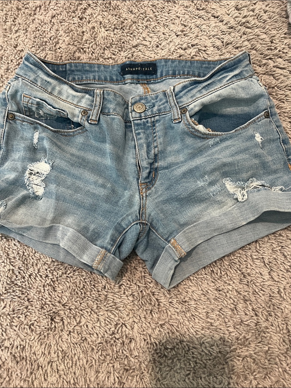 Aeropostale Light Blue Distressed Rolled Hem Denim Shorts